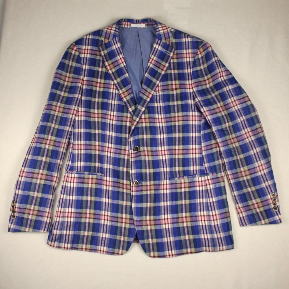 Tallia Orange 44L Linen Sport Coat Blue Plaid Blazer‎ Mens Large Preppy